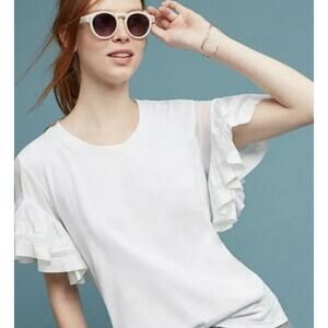 Anthropologie Vanessa Virginia White Sheer Ruffle Sleeve 100% Cotton Tee Small